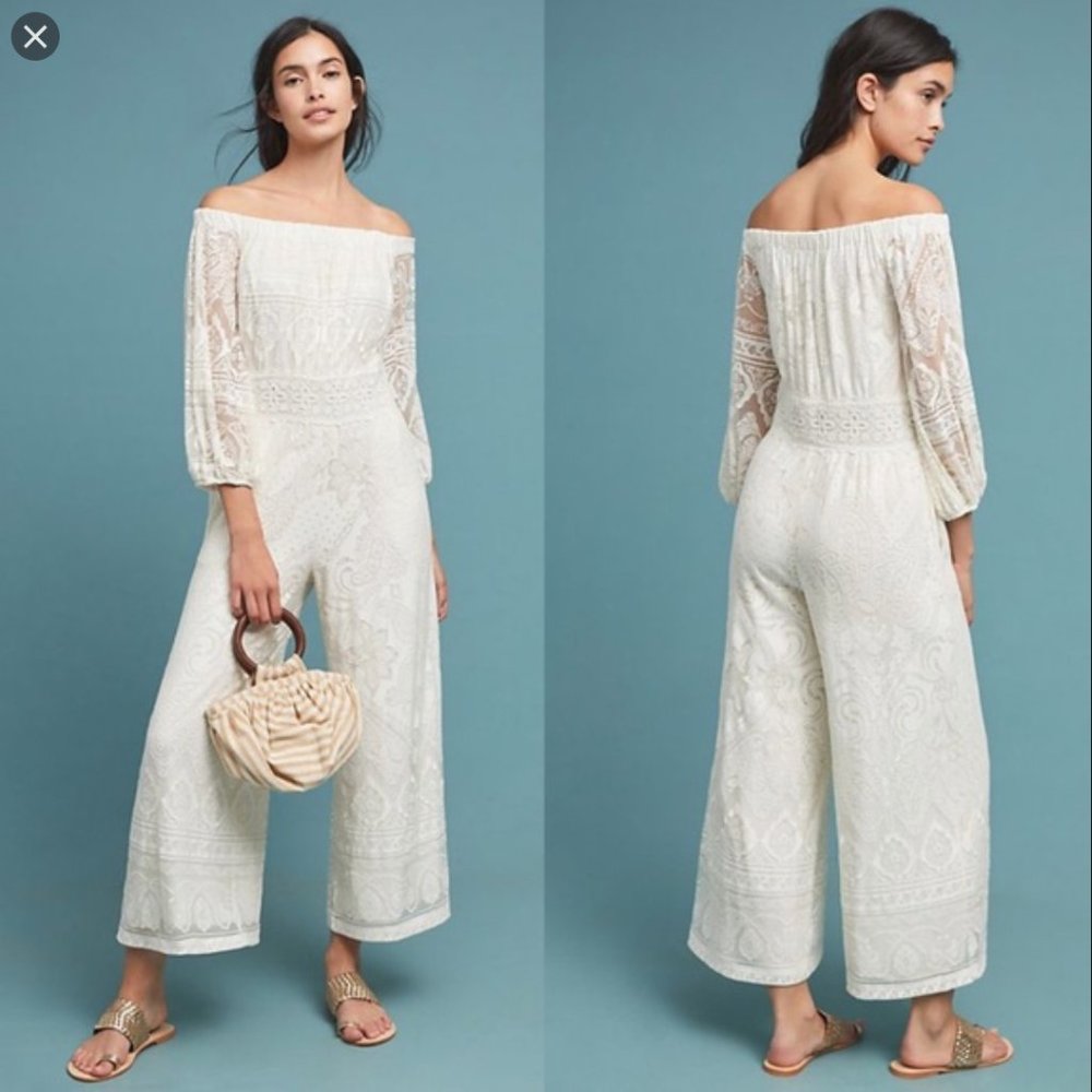 Anthropologie Farm Rio Elliot Off-the-Shoulder White Lace Jumpsuit
